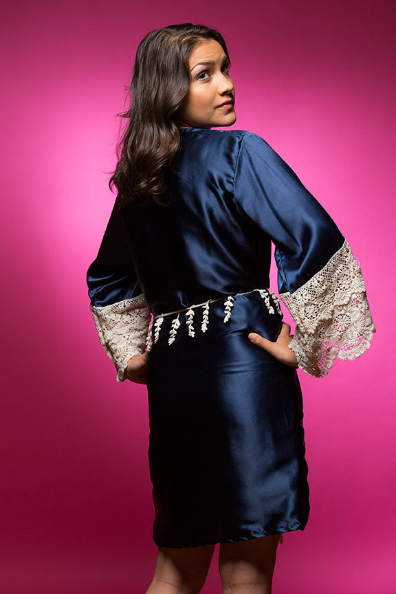 Deep Sapphire Blue Satin Robe with Ivory Lace Accented Cuffs