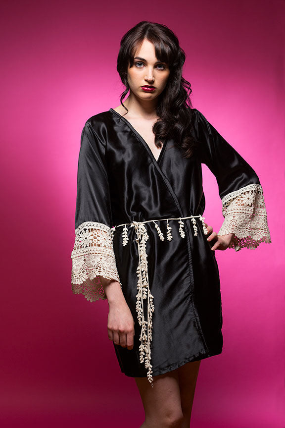 Black Satin Robe with Ivory Lace Accented Cuffs