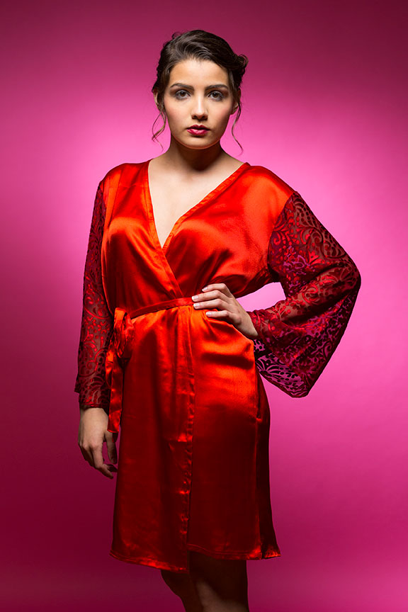 Ruby Red Satin Robe with Brasso Sleeves