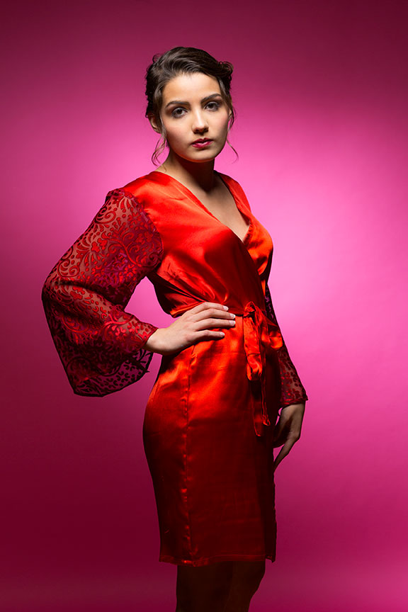 Ruby Red Satin Robe with Brasso Sleeves