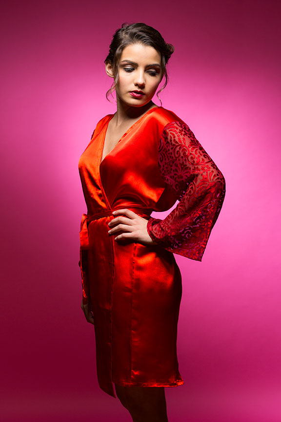 Ruby Red Satin Robe with Brasso Sleeves