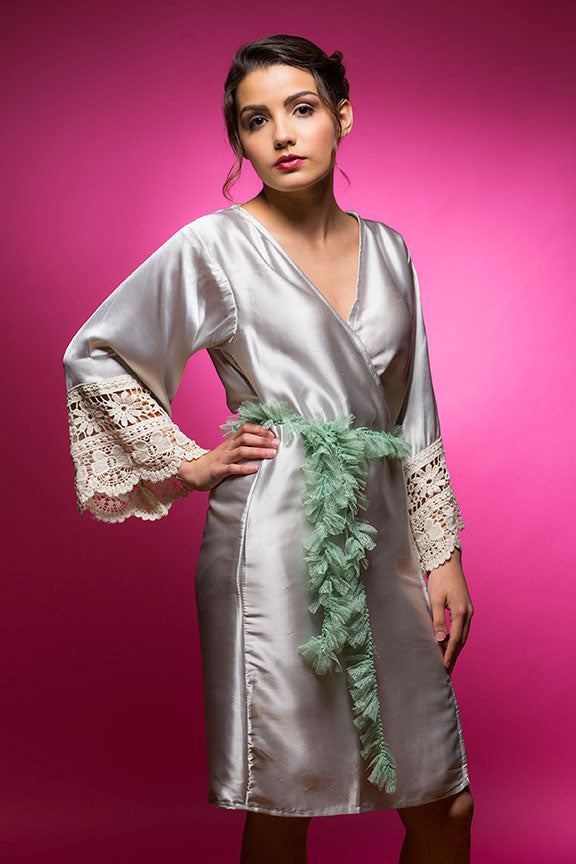 Silvery Shimmer Grey Satin Robe with Lace Accented Cuffs