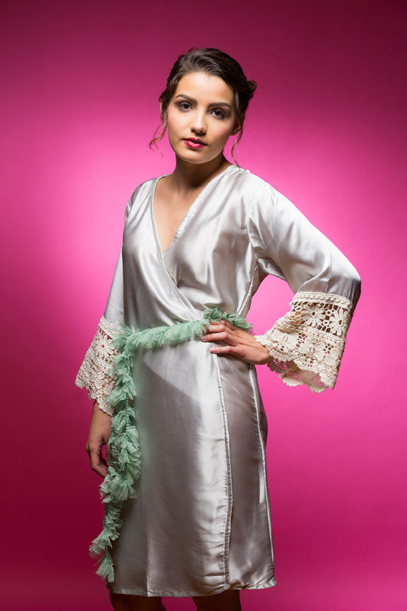 Silvery Shimmer Grey Satin Robe with Lace Accented Cuffs