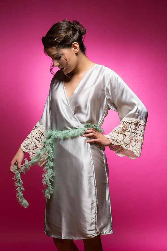 Silvery Shimmer Grey Satin Robe with Lace Accented Cuffs