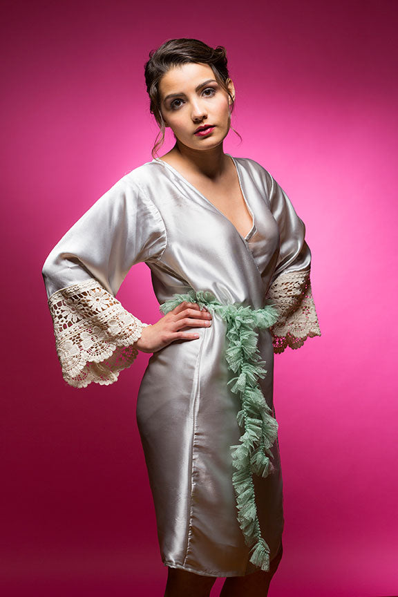 Silvery Shimmer Grey Satin Robe with Lace Accented Cuffs