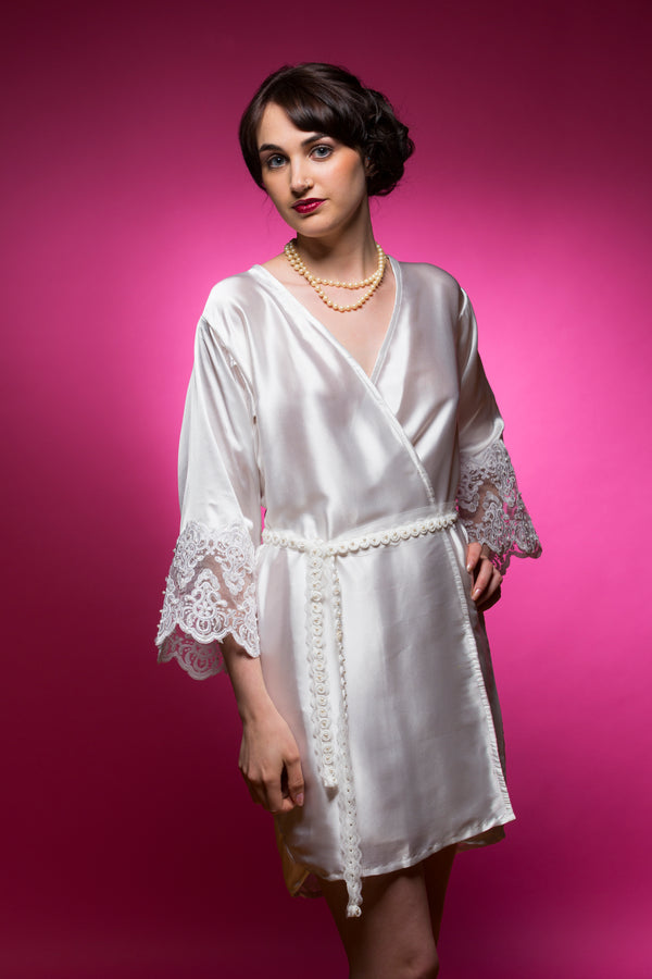 White Satin Robe with Lace Accented Cuffs
