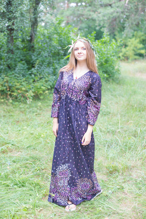 Black Button Me Down Style Caftan in Abstract Florals Pattern