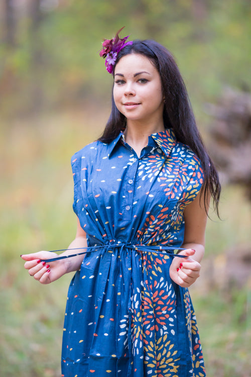Dark Blue Cool Summer Style Caftan in Abstract Floral Pattern