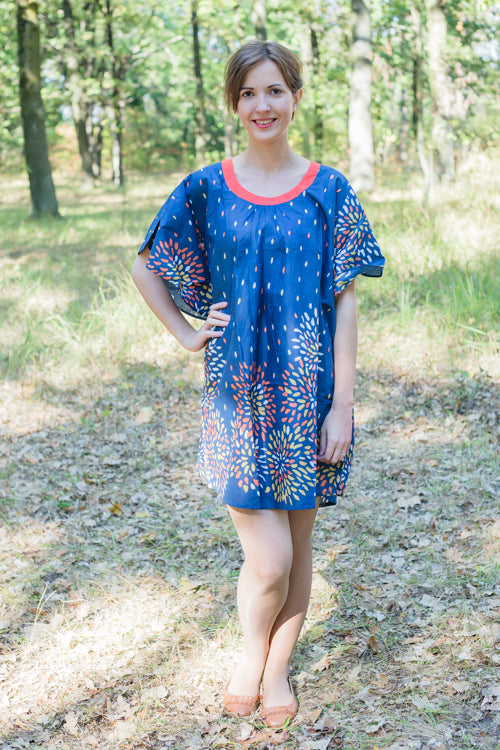 Dark Blue Summer Celebration Style Caftan in Abstract Floral Pattern