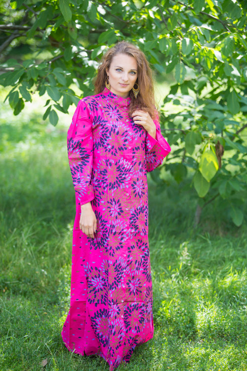 Magenta Charming Collars Style Caftan in Abstract Floral Pattern