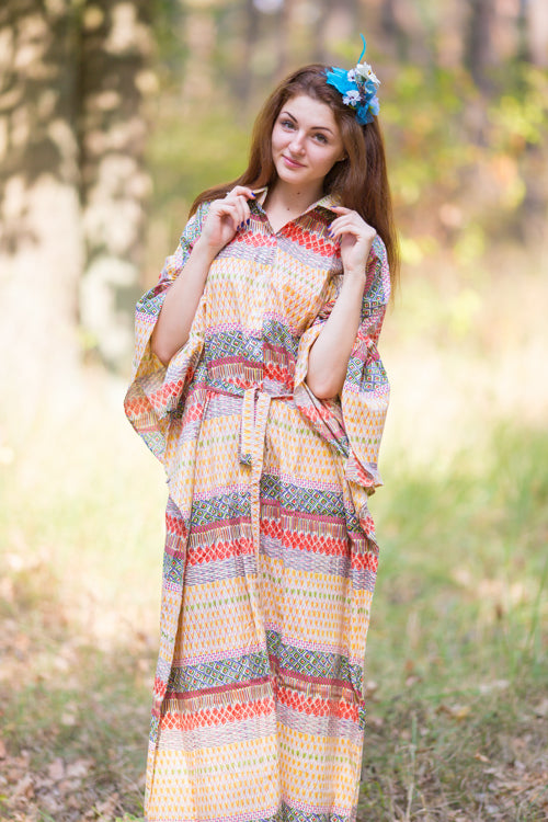 Yellow Oriental Delight Style Caftan in Abstract Geometric Pattern