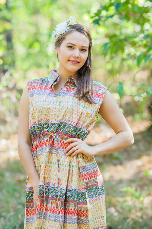 Yellow Cool Summer Style Caftan in Abstract Geometric Pattern