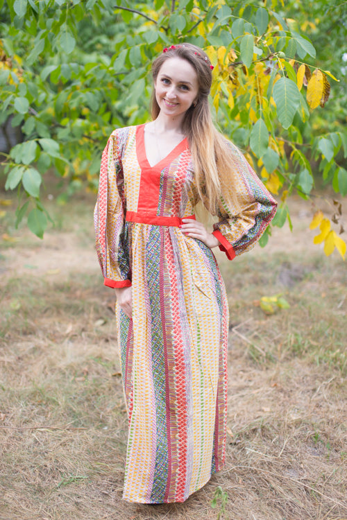 Yellow My Peasant Dress Style Caftan in Abstract Geometric Pattern