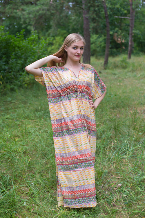 Yellow Timeless Style Caftan in Abstract Geometric Pattern