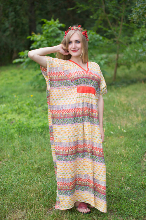 Yellow Unfurl Style Caftan in Abstract Geometric Pattern