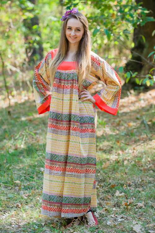 Yellow Fire Maiden Style Caftan in Abstract Geometric Pattern