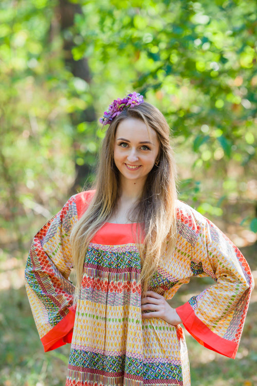 Yellow Fire Maiden Style Caftan in Abstract Geometric Pattern