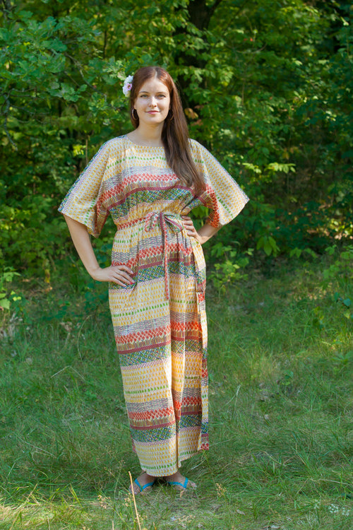 Yellow Mademoiselle Style Caftan in Abstract Geometric Pattern