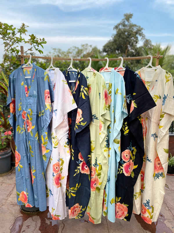 Smiling Blooms V-Neck, Cinched Waist Ankle Length Kaftan