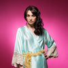 Aqua Blue Satin Robe with Lace Accented Cuffs