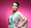 Aqua Blue Satin Robe with Full Length Lace Sleeves