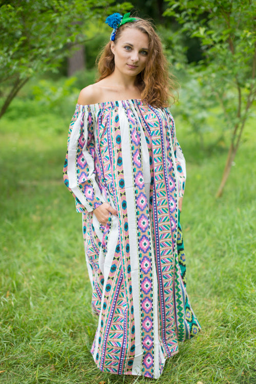 Off-White Green Serene Strapless Style Caftan in Aztec Geometric Pattern