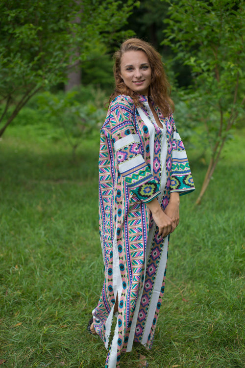 Off-White Green Mandarin On My Mind Style Caftan in Aztec Geometric Pattern