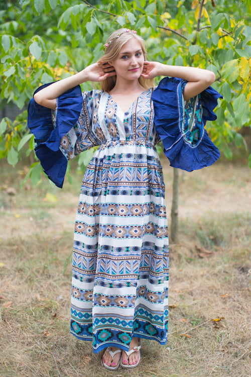 White Blue Pretty Princess Style Caftan in Aztec Geometric Pattern