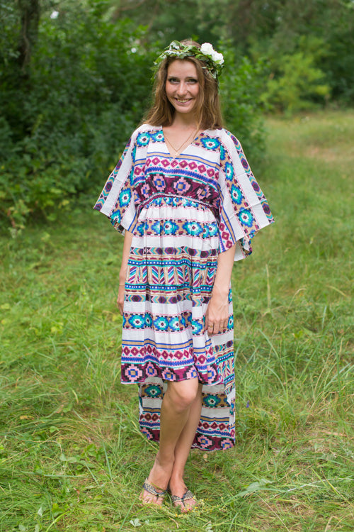 White Burgundy High Low Wind Flow Style Caftan in Aztec Geometric Pattern
