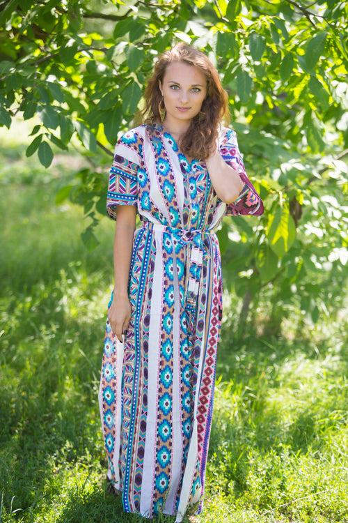 White Burgundy Best of both the worlds Style Caftan in Aztec Geometric Pattern