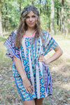 White Gray Summer Celebration Style Caftan in Aztec Geometric Pattern