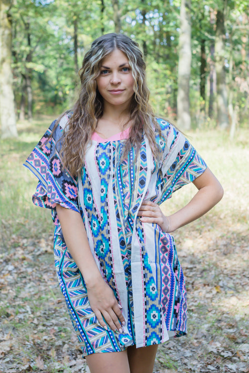 White Gray Summer Celebration Style Caftan in Aztec Geometric Pattern