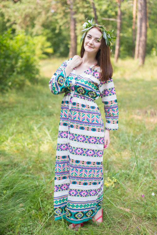 White Green Button Me Down Style Caftan in Aztec Geometric Pattern
