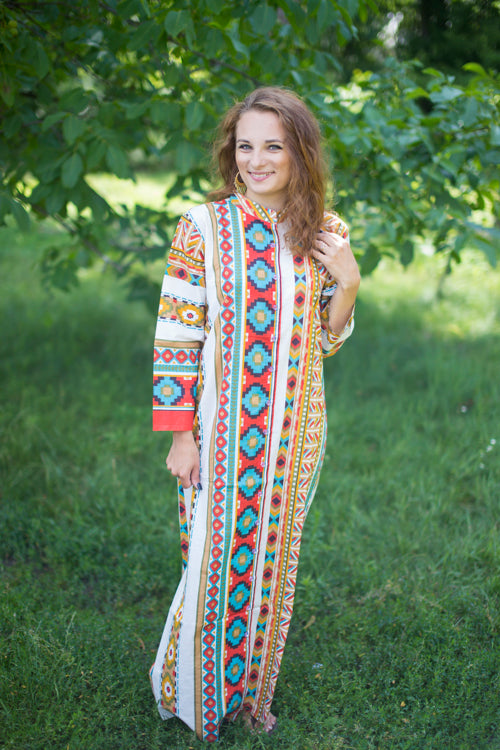 White Mustard Charming Collars Style Caftan in Aztec Geometric Pattern