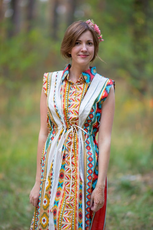White Mustard Cool Summer Style Caftan in Aztec Geometric Pattern