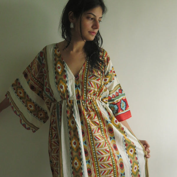 White Mustard I Wanna Fly Style Caftan in Aztec Geometric Pattern