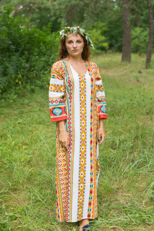 White Mustard The Unwind Style Caftan in Aztec Geometric Pattern