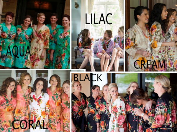 Mismatched Large Floral Blossom Patterned Bridesmaids Robes in Jewel Tones