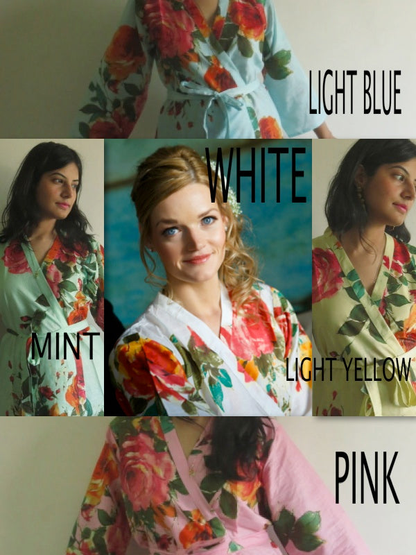 Mismatched Large Floral Blossom Patterned Bridesmaids Robes in Jewel Tones