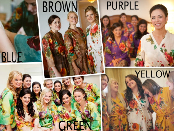 Mismatched Large Floral Blossom Patterned Bridesmaids Robes in Jewel Tones