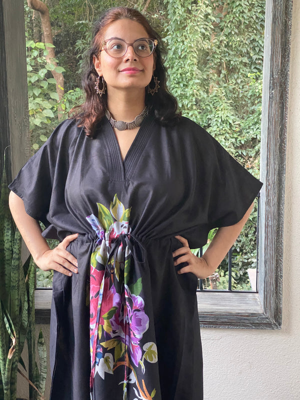 One Long Flower V-Neck, Knee Length, Cinched Waist Kaftan