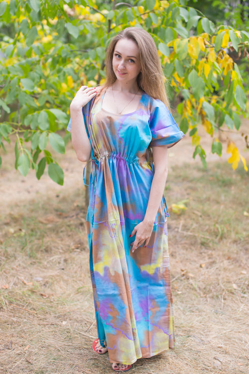 Blue Side Strings Sweet Style Caftan in Batik Watercolor Pattern