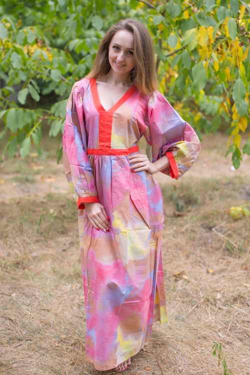 Coral My Peasant Dress Style Caftan in Batik Watercolor Pattern