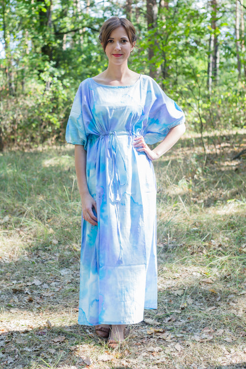 White Blue Cut Out Cute Style Caftan in Batik Watercolor Pattern