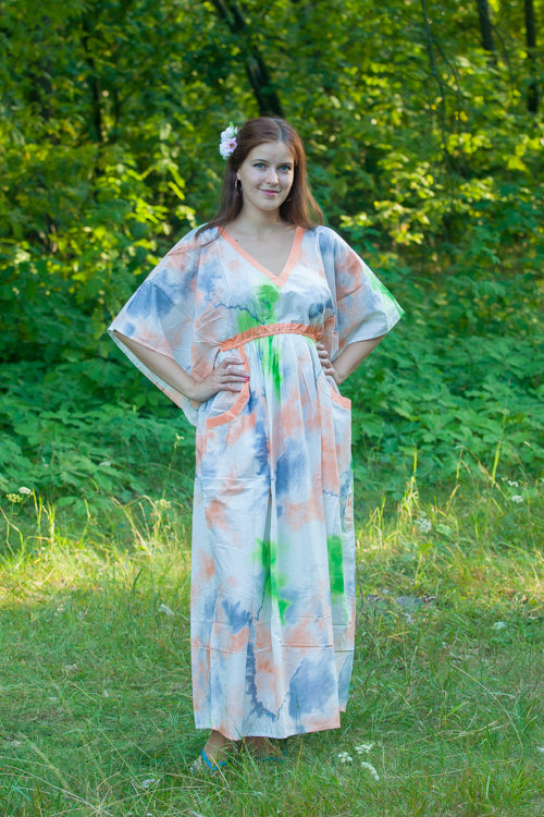 White Peach Breezy Bohemian Style Caftan in Batik Watercolor Pattern