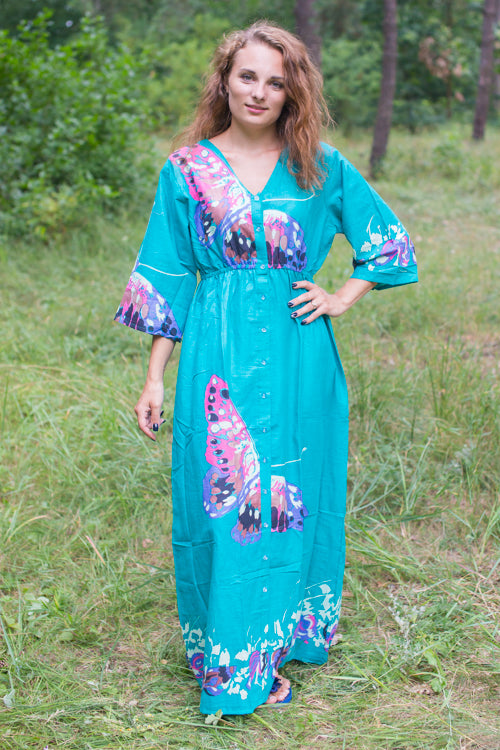 Teal Button Me Down Style Caftan in Big Butterfly Pattern|Teal Button Me Down Style Caftan in Big Butterfly Pattern|Big Butterfly