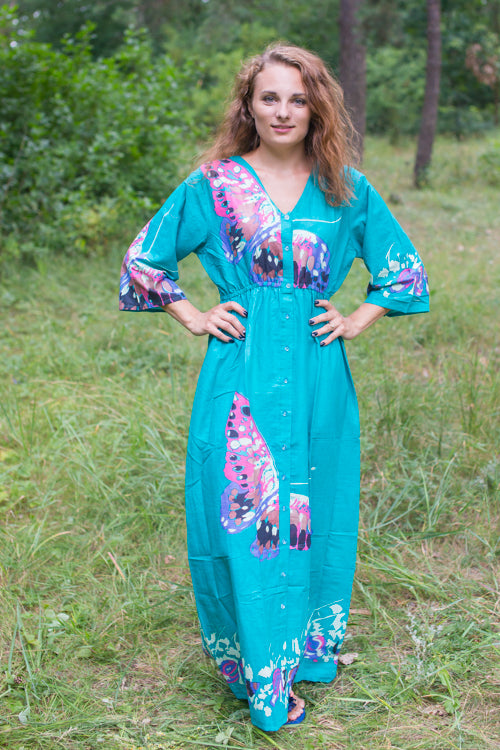 Teal Button Me Down Style Caftan in Big Butterfly Pattern