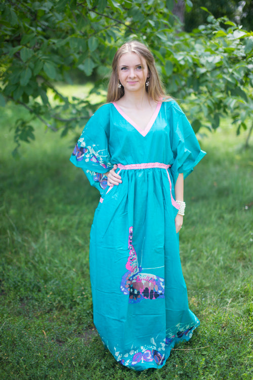 Teal Breezy Bohemian Style Caftan in Big Butterfly Pattern