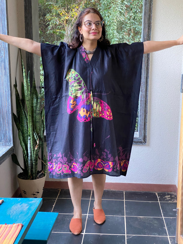 Big Butterfly V-Neck, Knee Length, Cinched Waist Caftan