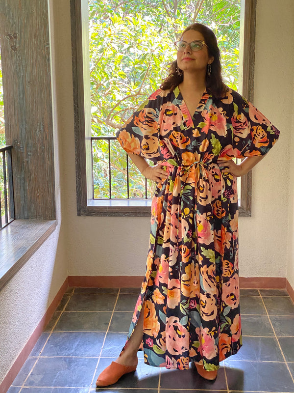 Her Petal Garden V-Neck, Cinched Waist Ankle Length Caftan